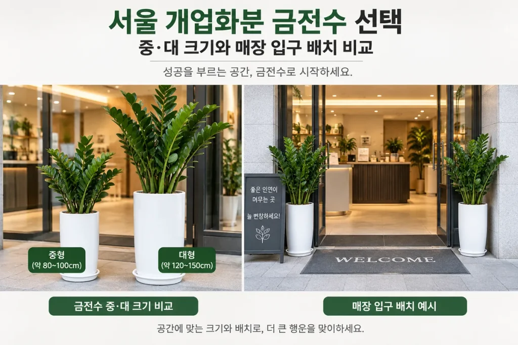 서울 개업화분 금전수 선택, 중·대 크기와 매장 입구 배치 비교